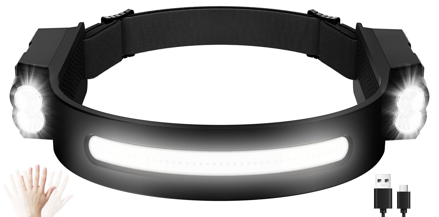 Oderra Torcia Frontale LED Ricaricabile, Lampada Frontale 400 Lumen, 8 Modalità Luce, Sensore di Movimento, Impermeabile IPX4, per Campeggio, Trekking, Emergenza, Lavoro