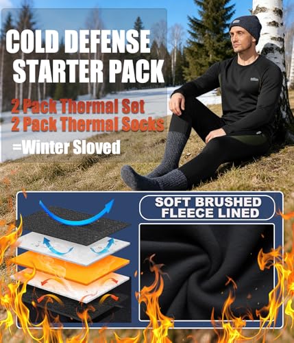 2 Pack Thermal Underwear Long Johns for Men Fleece Lined Base Layer Tops and Bottoms Set Cold Weather Winter Gear3