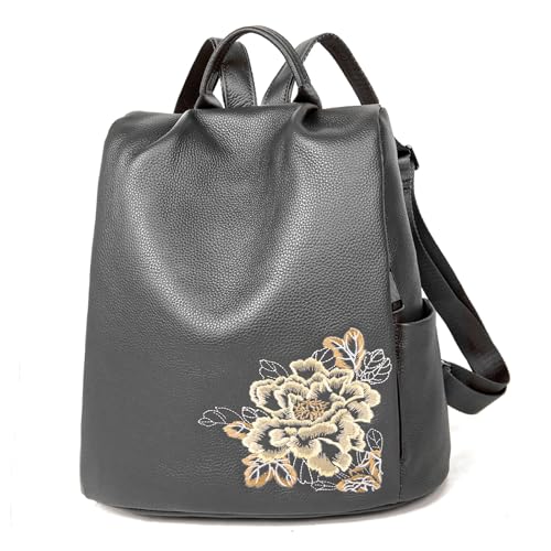 Image of BOYATU Genuine Leather Backpack for Women: Elegant Floral Designer Purse - Small Shoulder Bag for Travel (Grey)