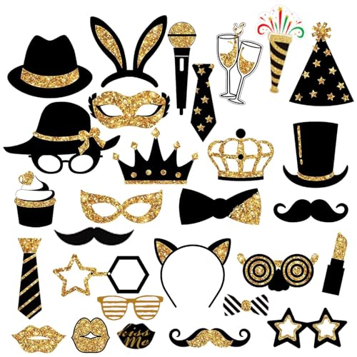 GUOYOU 30 Piezas Foto Props de Fiesta Accesorios de Photo Booth, Photo Booth Photocall Atrezzo Favorecer, DIY Accesorios Photocall Cumpleaños, para el Partido, Boda, Cumpleaños, Graduación (Oro)