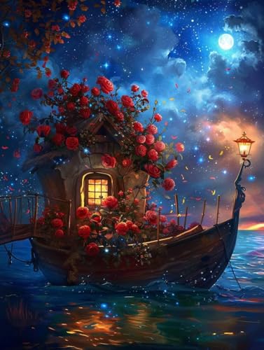 Kit Peinture Diamant Roses et Bateau 80x110cm pour Décoration Murale DIY
