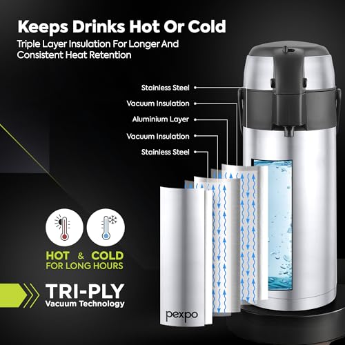 Image of Go24 pexpo Aquaport Stainless Steel Vacuum Insulated Beverage Dispenser with Pump - 3.5 LTR | Hot & Cold | Double Wall | Sturdy Handle to Carry | Coffee /Tea Carafe - Silver