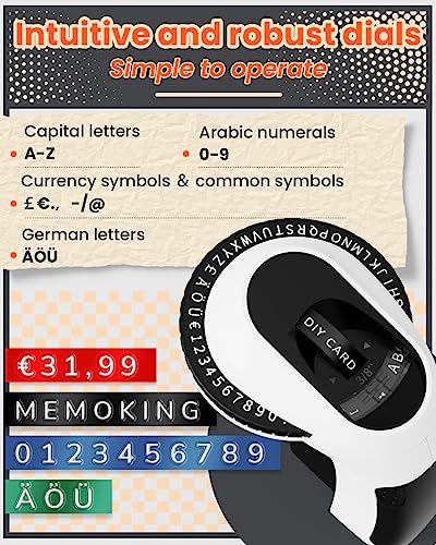 Memoking Prägegerät Etikettiergerät E975 mit 3 Rollen Beschriftungsgerät Prägegerät Etiketten, Retro 3D Handgerät Etikettendrucker mit Prägung, Tragbare Ettikettiergeraet für Haus, DIY (£/€, Ä, Ö, Ü)