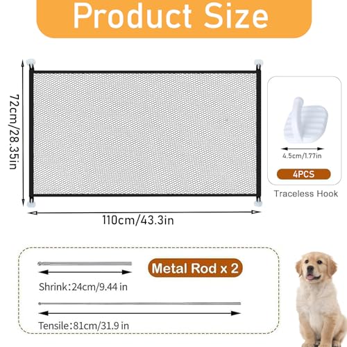 Türschutzgitter Ohne Bohren, 110 x 72 cm Treppenschutzgitter Ausziehbar, Schutzgitter Baby Gate Mit 4 Klebehaken, Türgitter Hunde, Katze Tür geeignet für Haustiere, Babys