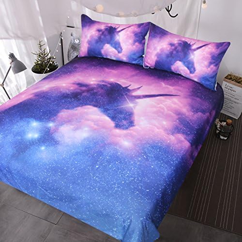 BlessLiving Purple Galaxy Unicorn Twin Bedding Set for Kids Girls Psychedelic Space Unicorn Bedset 3 Piece Pink Purple Sparkly Unicorn Bedspreads Psychedelic Duvet Comforter Cover