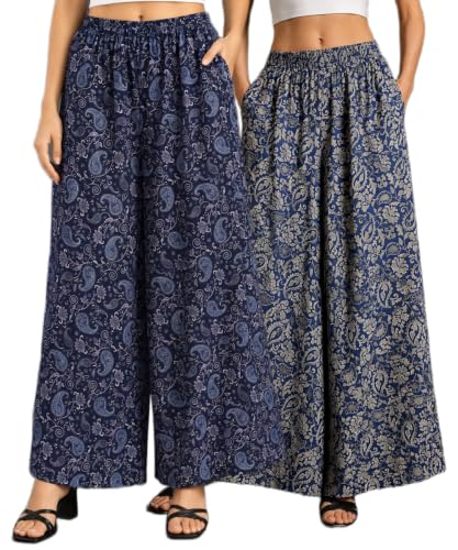 Image of Women Printed Palazzo Pants Combo Pack of 2, Comfortable Elastic Waist Lounge Pants for Women | Relaxed Fit, Loose Fitting Wide Leg Palazzo Pants, Casual Bottom (Available in S to 3XL Size)