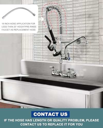 Image of 25 inch Height Commercial Faucet Wall Mount with Sprayer 8 inch Adjustable Center 9.6 inch Swing Spout, Kitchen Sink Faucet with Pull Down Pre-Rinse Sprayer for Restaurant Industrial Kitchen, Chrome