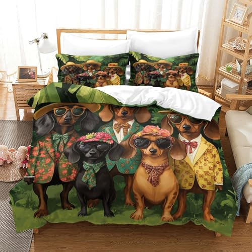 Housse de couette Teckel 3D drap microfibre lit king 2 taies chien