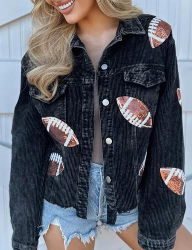 Xunger Women’s Football Corduroy Sequin Jacket Cropped Distresses Rugby Patched Shacket Coat3