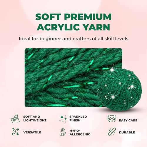 Image of Mary Maxim Starlette Sparkle Yarn, Medium Worsted Weight Green Yarn for Knitting and Crocheting, Acrylic Polyester Blend for Blankets, Clothing, and Decor, 196 Yards - Emerald Green