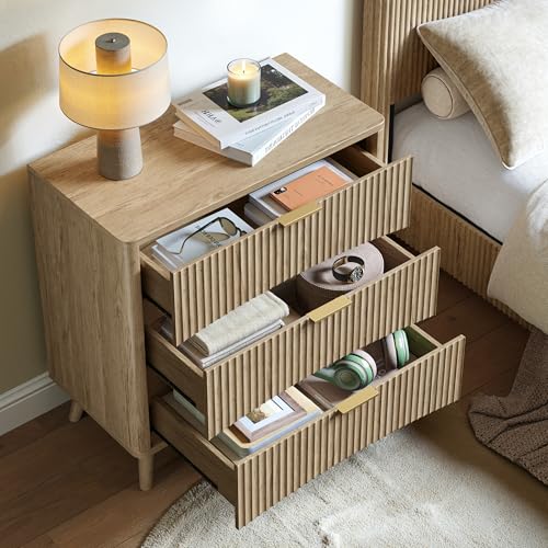 Image of Evermagin 31.5 inchW Oversized Large Fluted Nightstands Set of 2, 3 Drawers Light Wood Night Stand Bedside Table, Mid Century Modern Small Dresser for Bedroom, Natural Oak