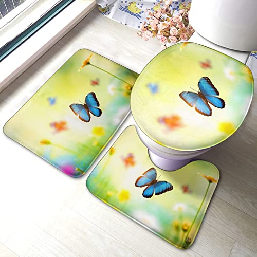 DIRYKILP Badematte + Konturmatte + Toilettendeckelbezug, schöner Schmetterling 3-teiliges Badematten-Set, mit rutschfester Klebeunterseite