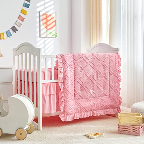 Image of Tufted Ruffle Crib Bedding Set 3 Pieces Baby Boho Quilted Comforter with Fitted Sheet and Bed Skirt - Cute Ruffled Shabby Chic Baby Bedding Soft Blanket Design Pink