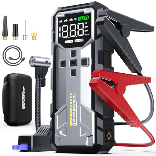 Batería Externa de Coche 6000A con Compresor de Aire, Booster de Arranque 160 PSI para 12V (Todos Motores Gasolina y Diésel hasta 10L) - Powerbank y Linterna LED