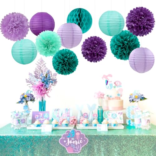 Image of Teal-Purple Party-Decorations Paper Flowers Lanterns - 15PCS Lavender Girl Mermaid-Birthday Tissue Pom Poms Streamers,Baby Bridal Shower Wedding Classroom Hanging Supplies Decor Hugfond