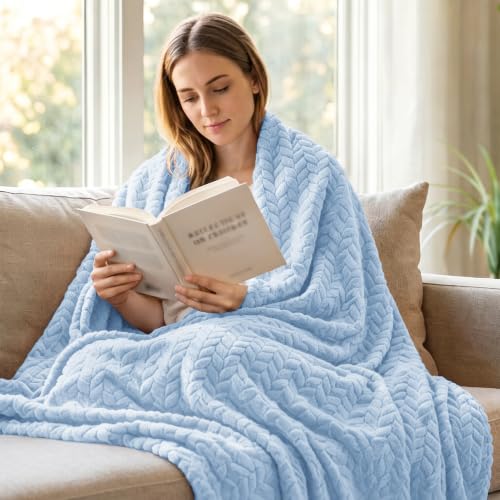 Image of Exclusivo Mezcla Light Blue Fleece King Size Blanket for Bed, 90x104 Inches Soft Cozy 3D Decorative Jacquard Flannel Blankets, Lightweight Fuzzy Plush Warm Blankets for All Seasons