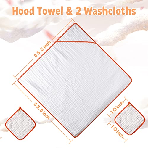 Image of MUKIN Baby Hooded Towels and Washcloths - Soft Absorbent Cotton Baby Bath Towel and Wash Cloth for Newborn Infant Boys /Girls. | Toddler Towel Pack with Hood. (Orange)
