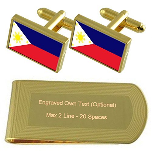 Gemelos Bandera de Filipinas Color Oro con Pasador de Billetes Metálico Grabado