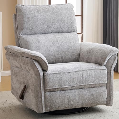 Image of RUTOX Oversized Rocking Chair Nursery with Adjustable Headrest, 26" Extra Wide Glider Recliner Nursery Chair for Nursery, 360° Swivel Rocker Recliner with Overstuffed Armrest, Light Grey