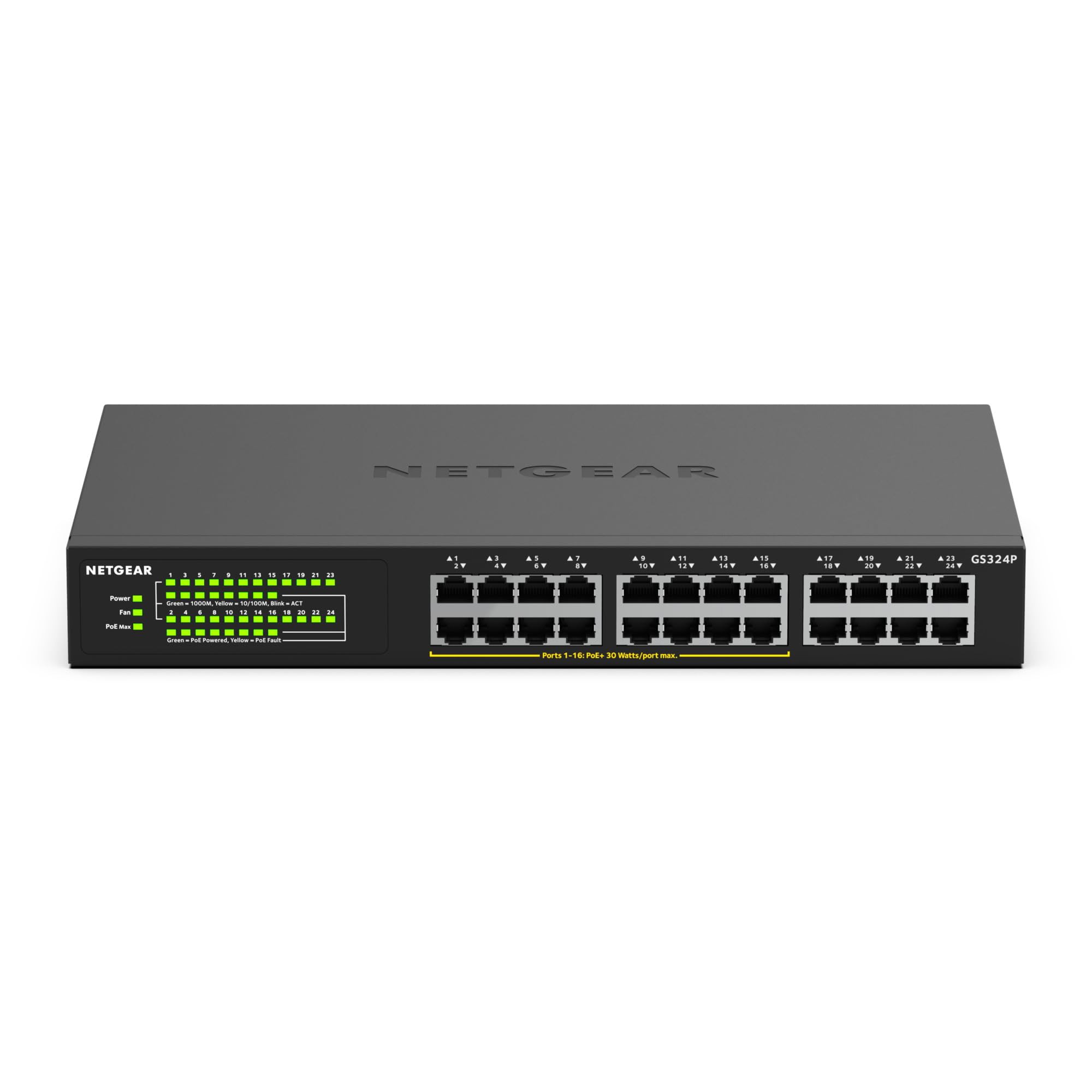 NETGEAR Switch Ethernet PoE 24 porte Unmanaged (GS324P), Switch PoE Gigabit con 16 PoE+ a 190 W, montaggio desktop o su rack