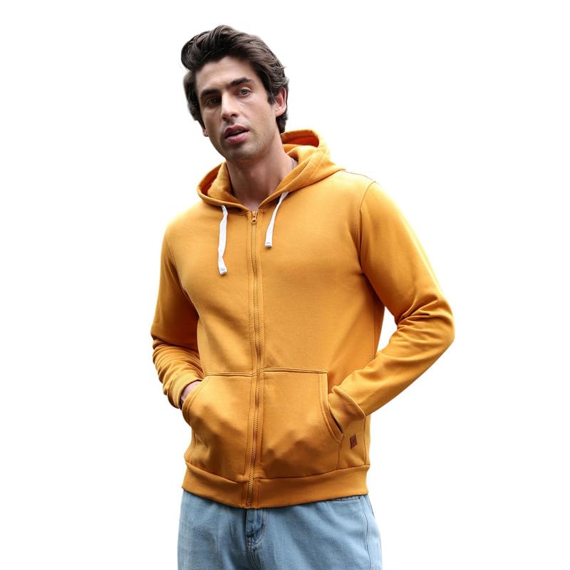 cahoot Men Hoodie | Hooded Neck, Long Ribbed Cuff Sleeves | Zipper, Ribbed-Straight Hem | Solid Fleece | Knitted Fabric for Casual Mustard Yellow-picture-20