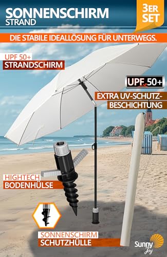 4smile Sonnenschirm Strand Ø 180 cm, 3-IN-1 Set - UPF 50+ Strandschirm windfest stabil SunnyJoy in Beige + Sonnenschirm Schutzhülle + Sonnenschirm Bodenhülse - Sicherer Sonnenschutz Strand – Bild 3
