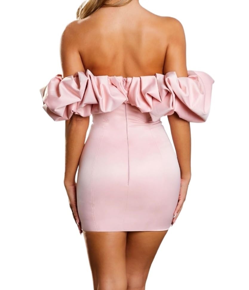 TQWISE Women Summer Tube Top Dress Solid Color Ruffled Off-Shoulder Ladies Slim Mini Dress Club Party Dress (Color : Pink, Size : X-Large)