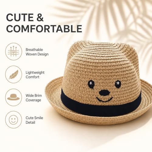 Image of VRITRAZ Kids Straw Hat for Baby Boys & Girls | Printed Summer Sun Hat, Woven Wide Brim Beach Cap, Lightweight Breathable Holiday Travel Picnic Outdoor Fancy Dress Fashion Hat for Children & Toddler