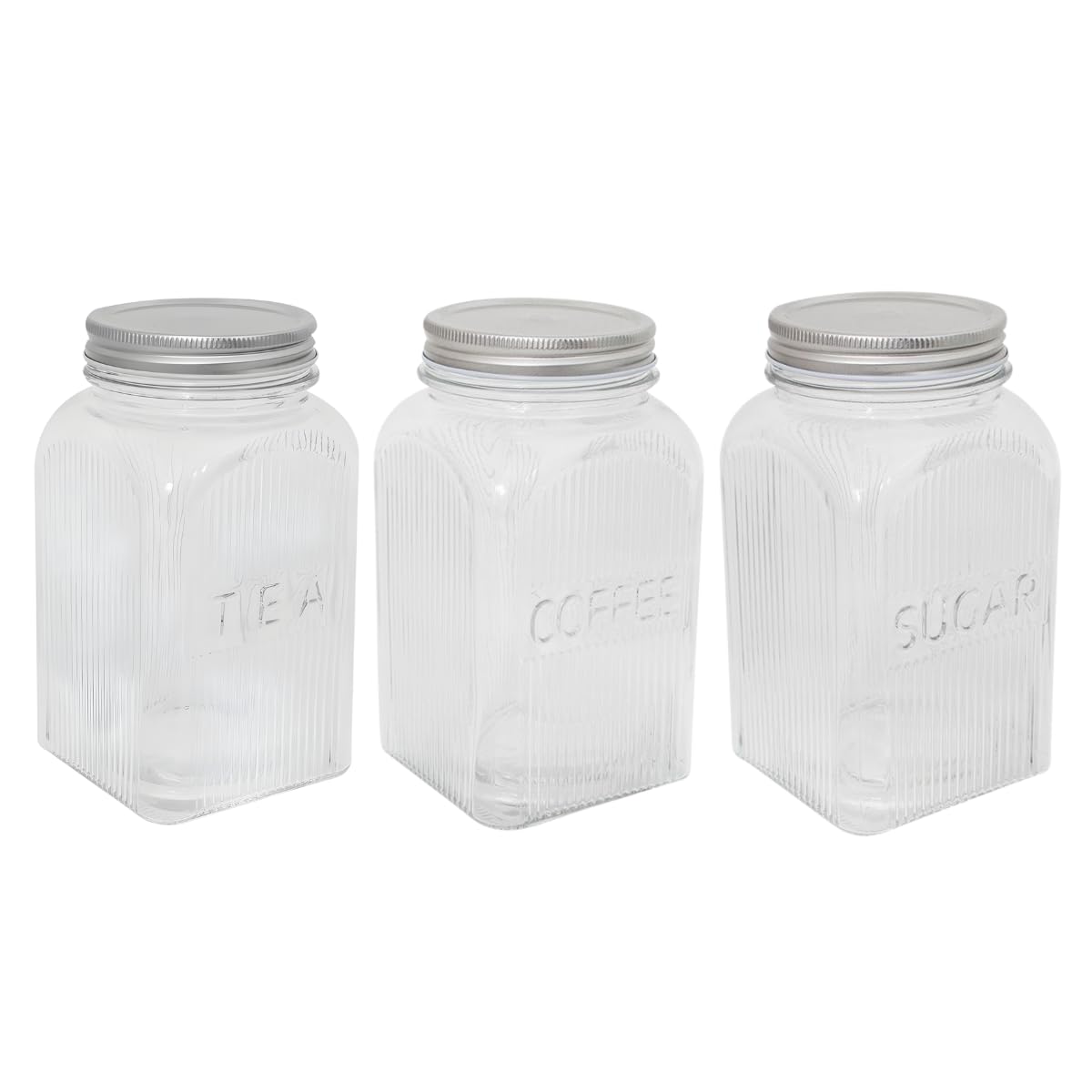 YöL Set of 3 - Tea, Coffee, Sugar Square Ribbed Glass Storage Jars with Silver Lid 1300ml Kitchen Canisters with Embossed Lettering for Hot Drinks and Dry Food Storage Organisation