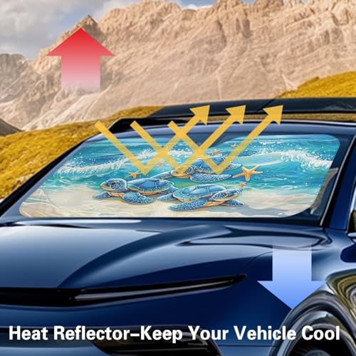 Image of Beach Turtle Blue Car Windshield Sun Shade for Trucks SUV Universal Vehicle Accessories Foldable Sunshade Sun Visor Protector Blocks UV Rays and Keep Your Vehicle Cool