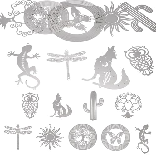 Craftdady 9pcs Filigree Stainless Steel Connector Link Charms Sun Wolf Owl Dragonfly Flat Round Pend