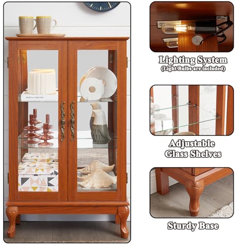 Image of 43 inch H Lighted Wooden Curio Cabinet, Freestanding Glass Display Case with Tempered Glass Door, Adjustable Shelves and Mirrored Back Panel, Decorative Storage Cabinet for Living Room (Dark Oak)