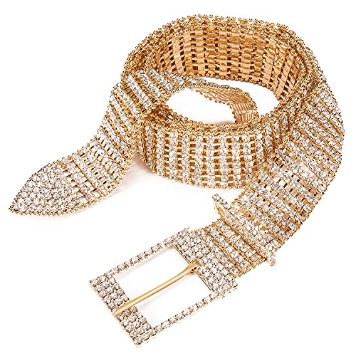 Image of Dubulle Womens Shiny Rhinestone Fashion Gold Belt Wedding Dress Crystal Party Wide Chain Jeans Fashion Diamond Waistband