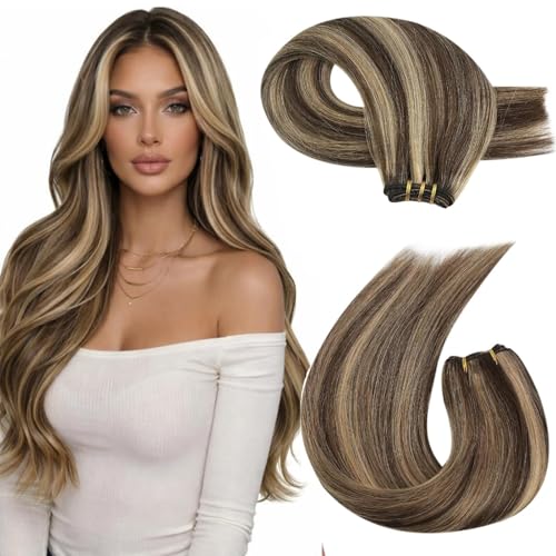 Image of Moresoo Human Hair Extensions Weft, Highlights Brown with Blonde, 24in 100g | Silky real human hair delivers flowing movement, suited to destination weddings, travel and graceful long hairstyles
