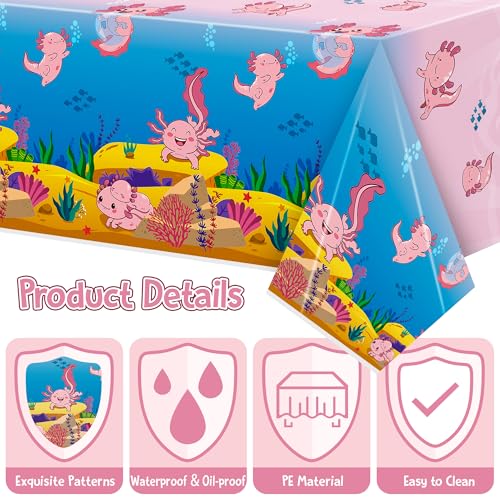 Image of Axolotl Plastic Table Cover - 3 Packs(54x108 Inch) Pink Axolotl Disposable Rectangle Plastic Tablecloth Birthday Theme Party Decoration Decor Supplies Table Cloth Giant Coloring Baby Shower