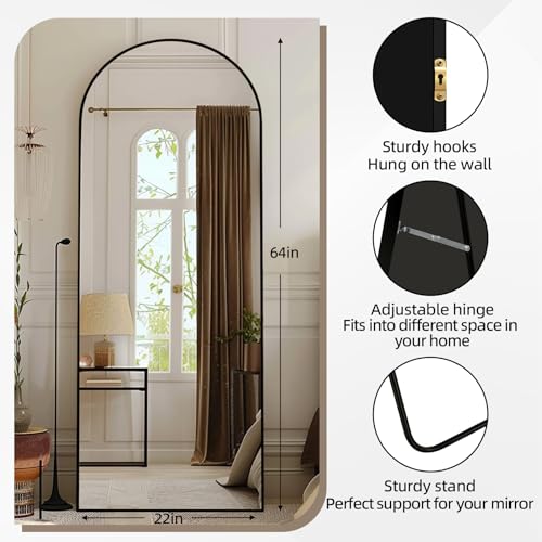 64x22 Arched Full Length Mirror Black,Oversized Floor Standing Mirror with Rust-Resistant Aluminum Frame & Anti-Tilt Base, Modern Arched-Top Design for Bedroom, Living Room, Entryway.