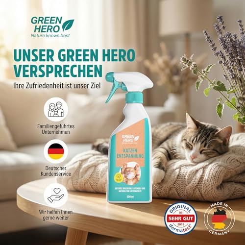 Green Hero Entspannungsspray 500 ml für Katzen enthält beruhigende Duftstoffe wie Baldrian, Lavendel und natürliche Katzenminze für Wohlbefinden und Entspannung