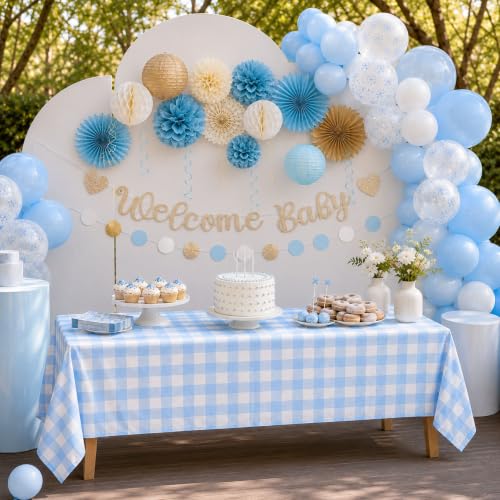 Image of Blue Orchards Light Blue Gingham Table Cover (Pack of 3 with 20 Glue dots) - 54 inchx108 inch XL - Light Blue and White Checkered Picnic Tablecloth, Baby Shower Decoration, Outdoor Birthday Party Supplies