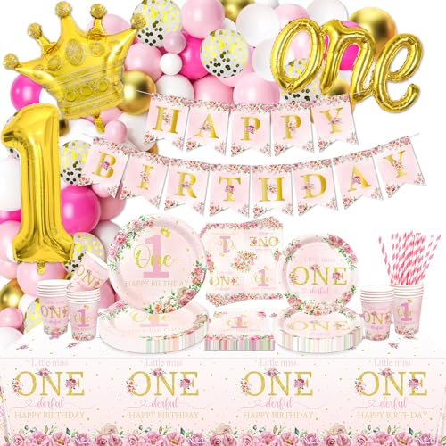 Floral 1st Birthday Party Decorations, Include Birthday Banner, Paper Plates, Cups, Napkins, Little Miss Onederful Tablecloth, Balloons for Baby Girls First Birthday Party Supplies, Serve 20 Guests