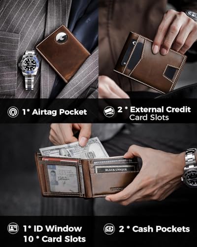 Image of AirTag Wallet- Bifold Full Grain Leather AirTag Wallet for Men, Minimalist Front Pocket Wallet with Airtag Holder, RFID Blocking, 12 Card Capacity Gift for Men(DarkBrown)
