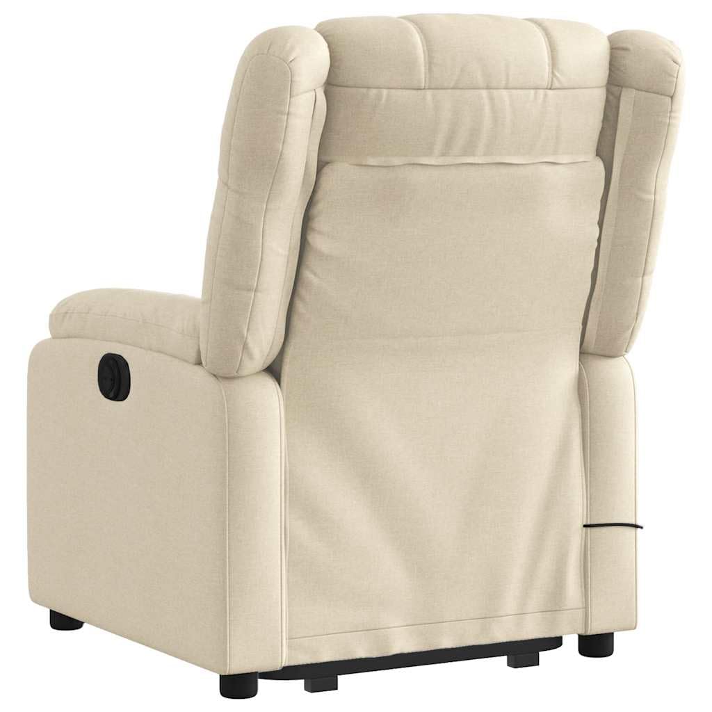 Elektrischer Massagesessel mit Aufstehhilfe und 6-Punkt-Vibrationsmassage, cremefarbener Stoffbezug, verstellbare Rückenlehne und Fußstütze, Stabiler Holz-Metall-Rahmen