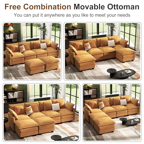 Image of 107 inch Cloud Couch Sectional Modular Sofa, Deep Seat Couches with Ottoman and Removable Washable Pillows for Living Room, Bedroom, Apartment, Orange