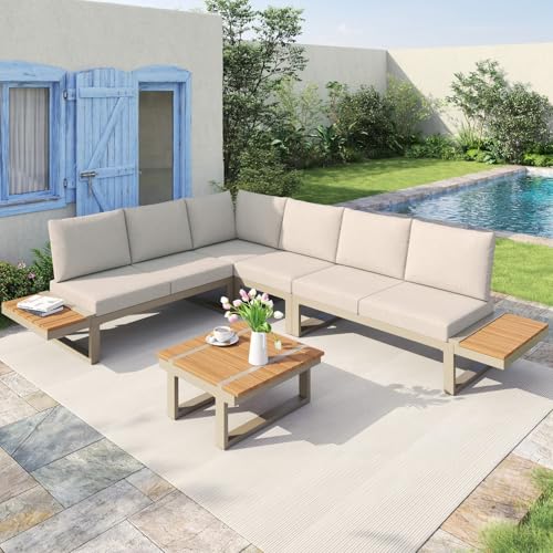 KOMHTOM Salon de Jardin Modulable, Canape Angle Exterieur, Convertible en 2 Lits de Relaxation, Table Basse, Bois Composite, Coussins Inclus, pour Terrasse...