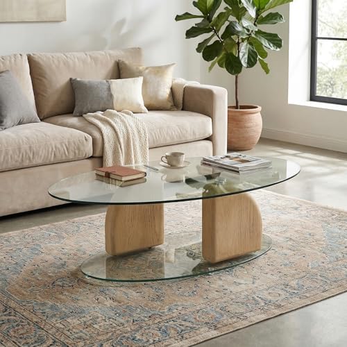 Christopher Knight Home 45.67' Oval Glass Coffee Table with Tempered Glass Top and Sculptural MGO Base, Modern Organic Center Table for Living Room, Coffee Table with Wood Grain Finish Legs, Natural