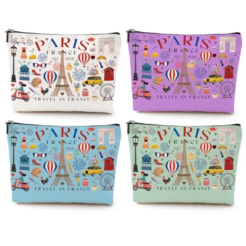 4pcs Funny Paris Travel Gifts for Women Makeup Bag France Paris Lovers Gift Birthday Mothers Day Anniversary Cosmetic Bag Toiletry Bags Travel Essentials Friendship Gifts for Girls Teacher Travelers