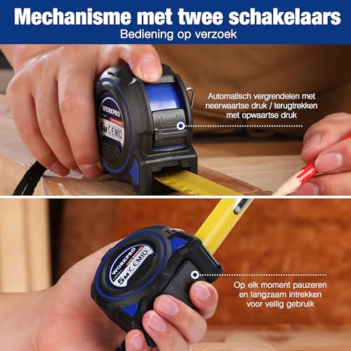 WORKPRO Metrisch meetlint, 5 m, professioneel, zeer nauwkeurig, intrekbaar meetlint met magneethaak en brede band, metalen bandmaat met siliconen hoes + ABS valbestendig - Afbeelding 5