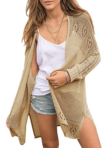 Misassy Womens Open Front Knit Sheer Cardigans Summer Boho Lightweight Long Sleeve Kimono Long Sweater Khaki #TOP3