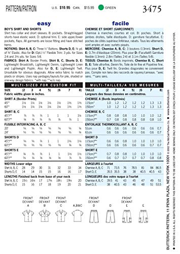 Butterick Patterns Boy's Shirt & Shorts, Size 2-3-4-5 (B3475020) #TOP3