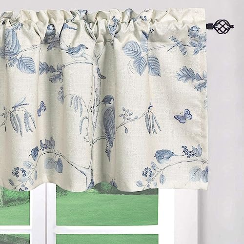 Leeva Linen Textured Window Valance Curtains, Blue Birds Design Rod Pocket Window Treatment For Cafe Restaurant - 1 Panel, 52 Inch Wide By 12 Inch Long #TOP1