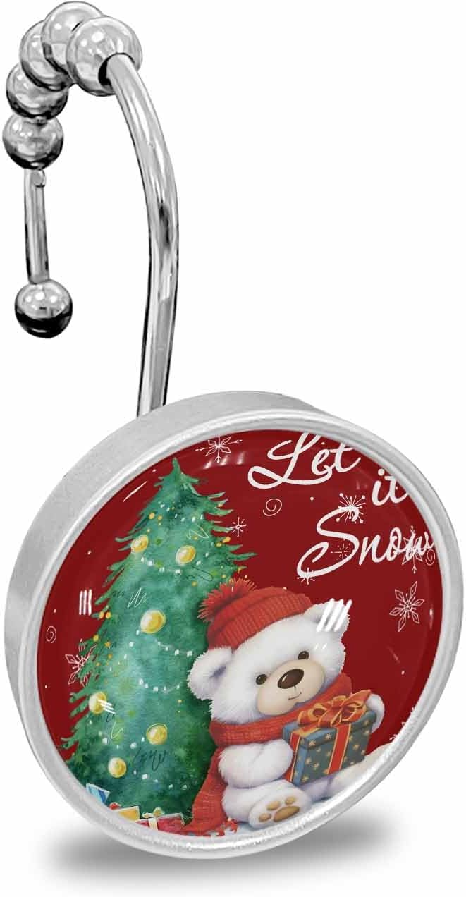 Shower Curtain Hooks 12 Pcs Christmas Red Cap Bear with Gifts Xmas Tree Snowflake Red Stainless Steel Rust Proof Rolling Shower Curtain Rings, Decorative Shower Curtain Hooks Hangers for Bathroom